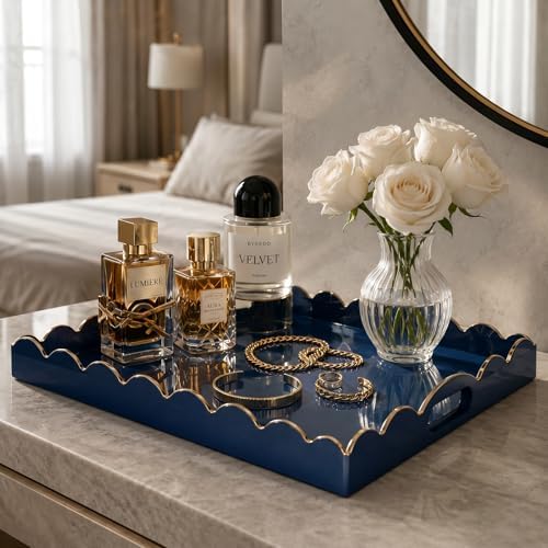 Gesodant Scalloped Glossy Plastic Lacquer Decorative Tray, 15.7 x 11.8 Inch Rectangle Serving Tray with Handles for Coffee Table, Ottoman, Bedroom Vanity, Living Room Centerpiece (Royal Blue & Gold) - Image 7