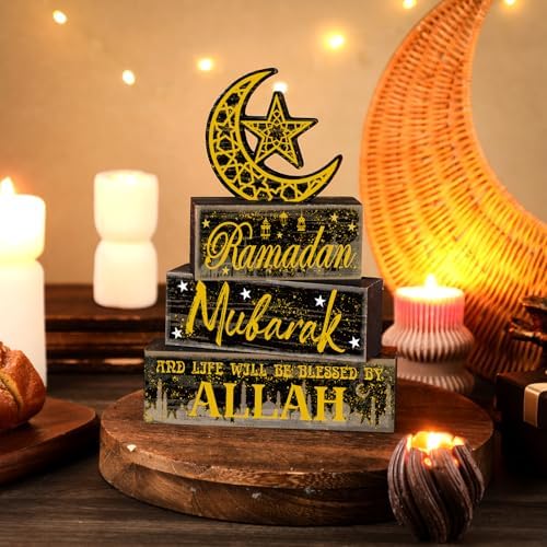 Moucuny 4 Pcs Ramadan Mubarak Wooden Block Signs, Farmhouse Table Decor - Image 2