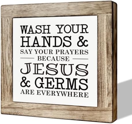 Christian Bathroom Sign, Wash Your Hands and Say Your Prayers Because Jesus and Germs are Everywhere, Wooden Box Signs for Home Decor, Bathrooms Decors Tabletop, Bathroom Box Sign B6-103 by MLTEye