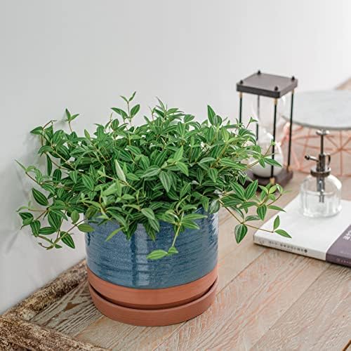 HERDUK 8 Inch Pots for Plants, Ceramic Planter Pot with Drainage Hole & Saucer, Indoor/Outdoor Cylinder Round Planter Pot, Blue & Terracotta - Image 6