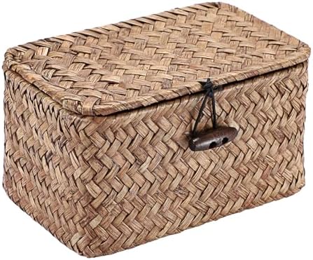 Hipiwe Small Wicker Basket with Lid Woven Seagrass Organizer, 6.1"x 4"x3.3" by Hipiwe