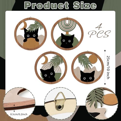 HPNIUB Abstract Mid Century Boho Black Cat Wall Decor-4 Pieces 10''x10'' Farmhouse Geometric Hanging Wooden Wall Art,Bohemian Moon and Sun Wood Sign for Nursery Bedroom Decoration, Lovely Cat Gifts - Image 2