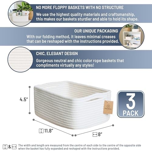 NaturalCozy 11.8"x8"x4.5” Storage Baskets for Shelves 3 Pack | Cotton Rope Woven Small Baskets for Organizing | Small Storage Bins for Nursery, Bathroom, Closet, Cube Shelf, Decorative, Gift Basket - Image 2