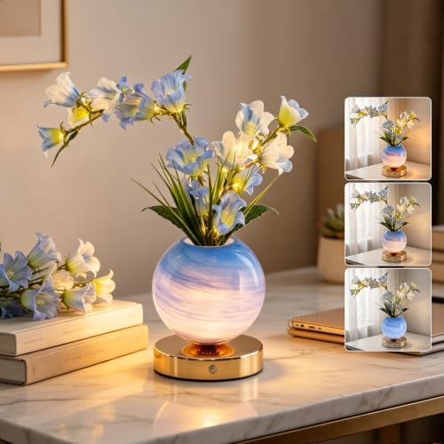 Blue Bellflower Flower Lamp, Rechargeable Cordless LED Floral Table Lamp by VEEKINavigation