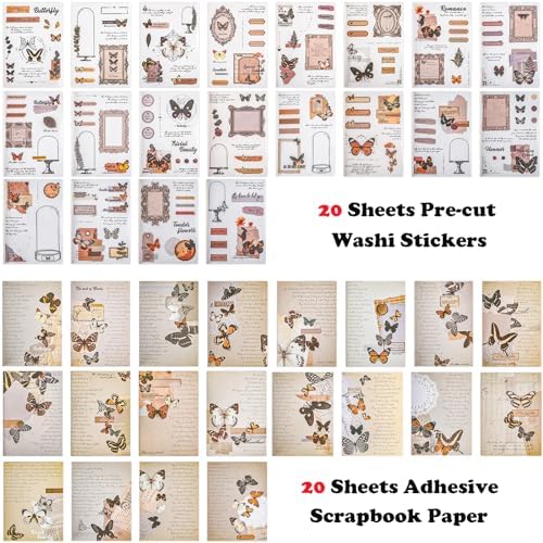 Sticker Book for Adults, 180pcs Vintage Washi Stickers for Journaling and 20 Sheets Adhesive Scrapbook Papers for Scrapbooking Aesthetic Butterfly Scrapboook Stickers for Bullet Junk Journal Supplies - Image 2