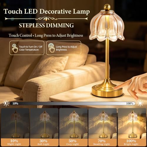 Small Tulip Cordless Table Lamp, LED Touch Accent Lamp with Amber Glass Shade, Dimmable Vintage Table Lamps for Bedroom, Kitchen, Nightstand, Restaurant - Image 2