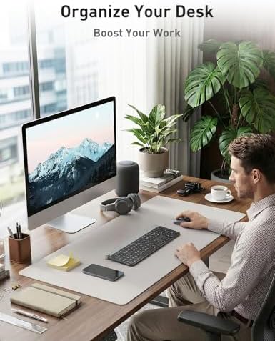 Aothia Faux Leather Desk Mat - Non-Slip PU Leather Desk Blotter, Waterproof Writing Surface, Large Desk Pad for Office & Home (Pale Lavender White, 55" x 17") - Image 3