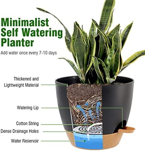 UOUZ Large Self Watering Pots, 12/10/9 Plastic Planters with High Drainage Holes and Deep Reservoir for Indoor Outdoor Garden Plants and Flowers, Black with Brown - Image 3