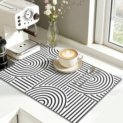 Findosom Geometric Dish Drying Mat, 12" x 20" Absorbent Coffee Mat, Black by Findosom