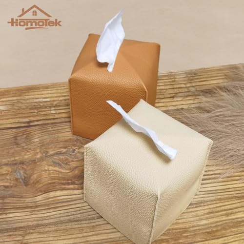 HOMOTEK 2 Pack Tissue Box Cover, Square PU Leather Tissue Holder, Decorative Facial Tissue Cube Paper Organizer Dispenser for Bathroom, Night Stands, Desk, Car 5X5X5'' - Camel, Pebble Grain - Image 7