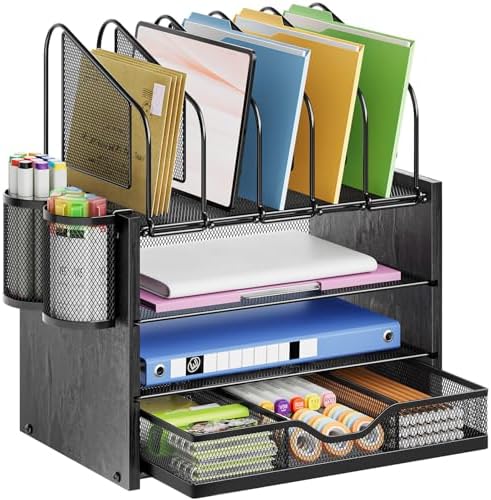 Marbrasse Desk Organizer with Drawer, 4-Tier Wooden File Organizer with 5 Vertical File Holders and 2 Pen Holders, Desk Organizers and Accessories for Home Office - Black by Marbrasse