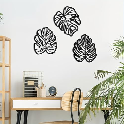 Palm Leaves Wood Wall Decor , 3Pcs Tropical Wall Art Jungle Decor, Wooden Natural Leaves Plant Wall Decor, Vintage Tropical Plant Plaque for Home Living Room Kitchen Bedroom Bathroom & Garden, Black - Image 3