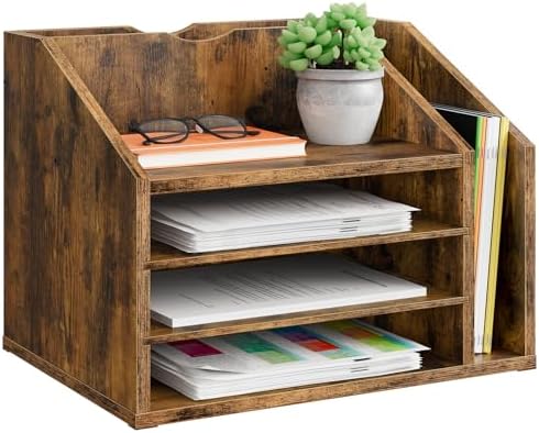 CHOEZON Wooden Desk Organizer with Adjustable Partitions, Multi-Layer Desktop File Holder for Home Office, Paper & Stationery Storage Organizer, Rustic Brown MWJ04FG by Choezon