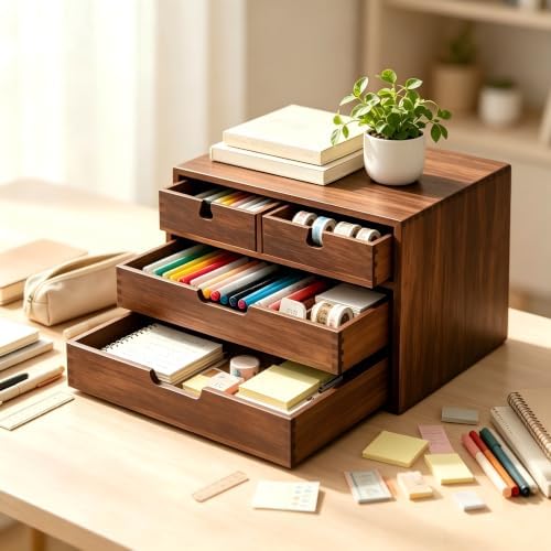 DEAYOU Bamboo Desk Organizer, 100% Natural Bamboo Desktop Drawer Organizer, Dark Brown Tabletop Storage Cabinet Organization Box with 4 Drawer for Makeup, Letter, Home, 3 Layer, Fully Assemble - Image 2