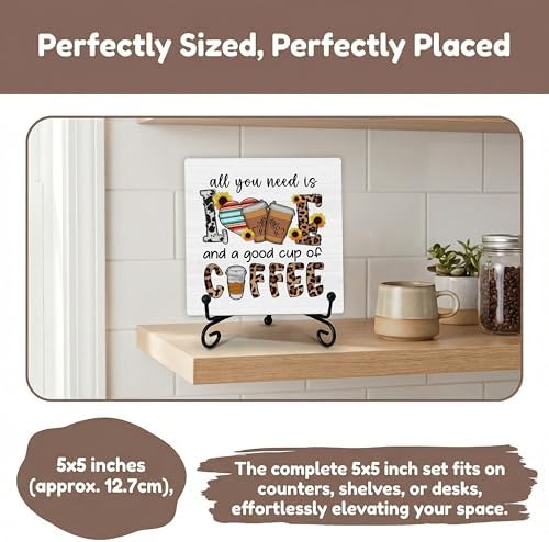 Coffee Bar Sign, All You Need Is Love and a Good Cup Quote Sign, 5x5 Wood Plaque with Iron Stand, Kitchen Cafe Tabletop Decor – A06 - Image 5
