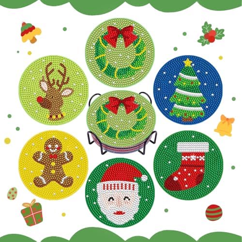 DOTSOPS 6 Pcs Christmas Diamond Art Kits for Adults - Diamond Art Coasters with Holder for Adults Beginners Diamond Craft for Christmas Birthday Gifts by DOTSOPS