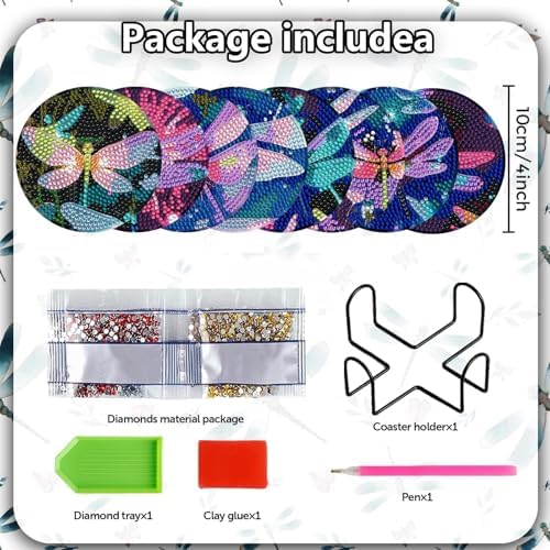 Demonwer 8 Pieces Dazzling Dragonfly Diamond Coasters Kits with Holder DIY Colorful Dragonfly Diamond Art Coaster Coaster for Gifts Beginner Adults Kids Art Table Home Craft Gift Supplies - Image 2