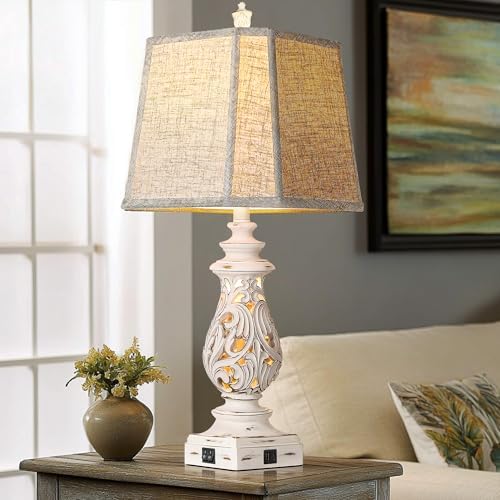 PARTPHONER 29" Table Lamps Set of 2, Bedside Lamps with USB A+C Ports & Night Light, Farmhouse Nightstand Lamps with Linen Fabric Shades for Bedroom Living Room, Antique White (LED Bulbs Included) - Image 7