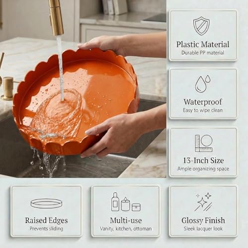 Gesodant 13" Round Scalloped Decorative Tray for Coffee Table Decor, Candle & Perfume Tray, Dining Table Centerpiece & Aromatherapy Candle Display, Modern Glossy Lacquer Look (Orange) - Image 6