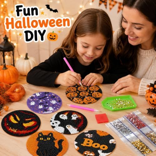 8 Pack Halloween Diamond Art Painting Coasters with Display Holder DIY Kit - Image 5