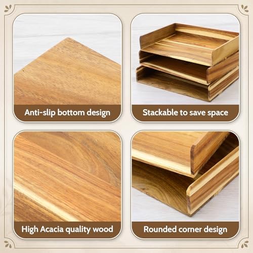 Novabright 6 Pcs Stackable Paper Organizer Tray Acacia Wood Desk Organizer Letter Tray Desktop Letter Size Office Wooden Desk Shelf Paper Holder Folder Organization Rack for File Document (Acacia) - Image 3