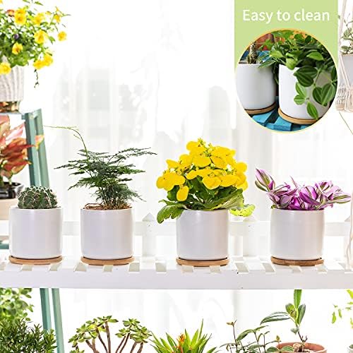 4 Inch Ceramic Plant Pots with Drainage Holes and Trays, Adorable Small Cylinder Flower Planter Pot with Saucers for Indoor Plants, Succulent, Snake Plants, Cactus & Herbs, White, Set of 4 - Image 5