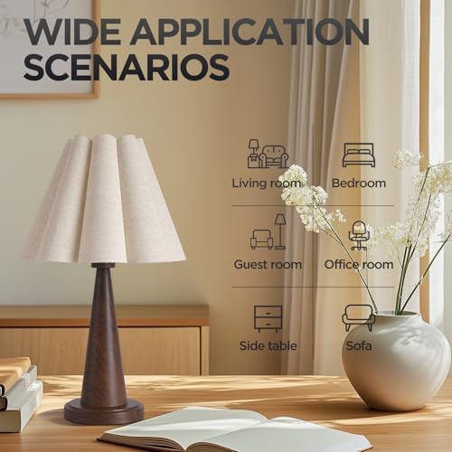 Modern Table Lamp with Petal Linen Lampshade, Dark Faux Wood Metal Base – 20.5” Bedside Nightstand Lamp for Bedroom, Living Room, Office, E26 Base, Max 60W (Bulb Not Included) - Image 2