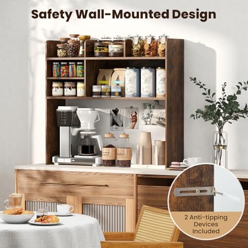 GIANTEX Desktop Bookshelf, 37" Desk Hutch Dorm for Computer Up to 32 Inch, Countertop Hutch w/6 Storage Shelves, 3-Tier Desktop Organizer Display Rack, Wood Desk Shelf for Home Office (Rustic Brown) - Image 5
