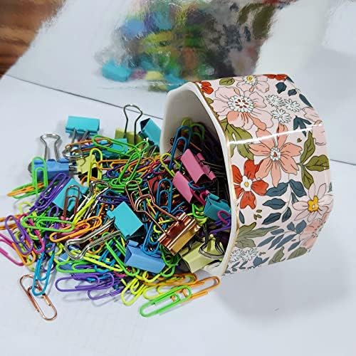 Ceramic Paper Clip Holder Gold Line Paper Clip Dispenser Organizer for Desk Cute Floral Pattern Office Binder Clip Holder Bobby Pin and Hair Clip Holder Gift for Office Pink Flowers - Image 4