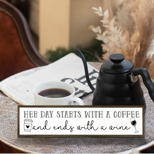 Coffee Wood Signs, Farmhouse Home Kitchen Decor, Rustic Coffees Bar Decors, Wall Decor Art, Her Day Starts with A Coffee & Ends with A Wine Sign, 17.8x4x1.2 inches - Image 5