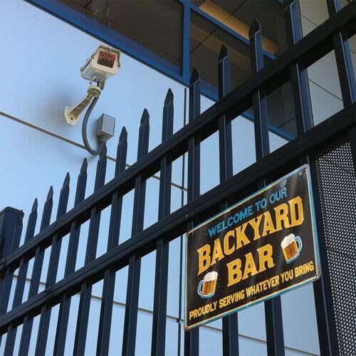 Vintage Rustic Metal Sign 8x12 Inch - Welcome to Our Backyard Bar with Beer Mugs Design, Humorous "Proudly Serving Whatever You Bring" Quote, Durable Iron Wall Decor - Image 2