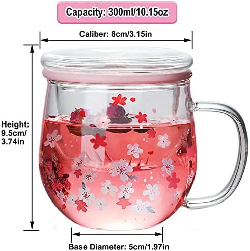 Cherry Blossom Glass Cup and Coaster, Glass Teacup with Infuser and Lid, 300ml Clear Pink Flower Tea Infuser Mug Heat Resistance Borosilicate Glass Drinking Cup, Ideal for Tea Lovers - Image 2