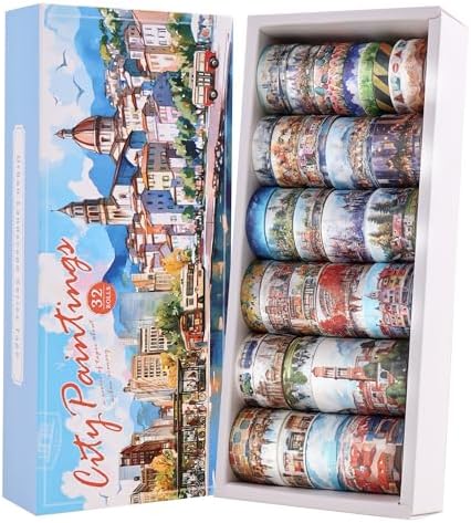 32 Rolls Vintage Washi Tape Set, European Cityscapes with Architectures & Scenery, Writable Decorative Tapes for Scrapbooking, Junk Journal Bullet Journal Supplies 8-50mm Wide, Artistic Adhesive Tape by emmoolife
