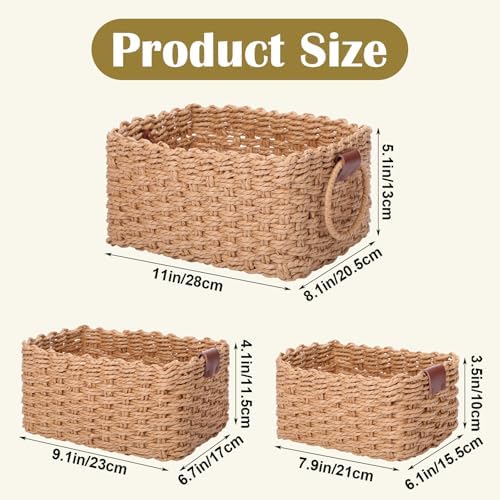 Small Wicker Basket Set of 3, Handwoven Paper Rope Storage Baskets with Leather Handles, Decorative Organizing Bins for Home, Desk, Bathroom & Gifts (Beige) - Image 2