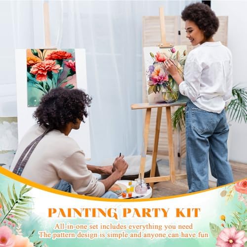 Humyoun 8 Sets 8" x 10" Flower Pre Drawn Canvas to Paint for Sip and Paint Party Floral Predrawn Coloring Set Pre Sketched Canvas Boards with Paints and Brushes for Adult - Image 4
