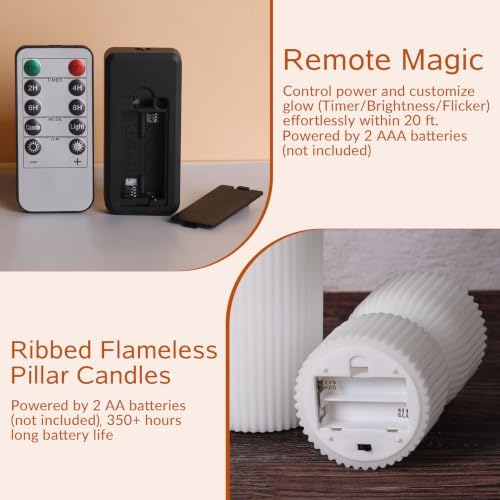 White Ribbed Flameless Pillar Candles with Remote Set of 2 - Image 3