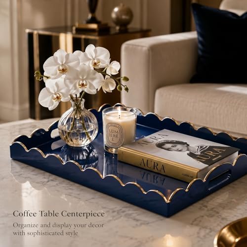 Gesodant Scalloped Glossy Plastic Lacquer Decorative Tray, 15.7 x 11.8 Inch Rectangle Serving Tray with Handles for Coffee Table, Ottoman, Bedroom Vanity, Living Room Centerpiece (Royal Blue & Gold) - Image 2