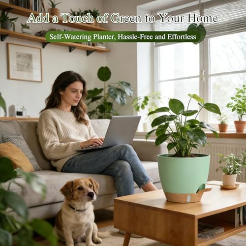 Self Watering Pots with Drainage Holes, 2 Pack 8 Inch Plant Pots with Water Level Indicator Deep Reservoir, Large Plastic Planter for Indoor Outdoor Plants - Green Brown - Image 5