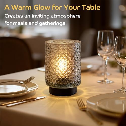 LUSHARBOR Battery Operated Lamp with Timer, Small Decorative Table Lamp Ambient, Glass Cordless Lamps Bedside Battery Powered Lamp for Bookshelf, Entryway Diamond Design-Grey - Image 2