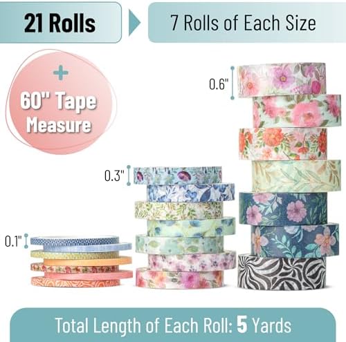 Mr. Pen- Washi Tape Set, 21 Rolls, Assorted Sizes, Floral Vintage - Image 2