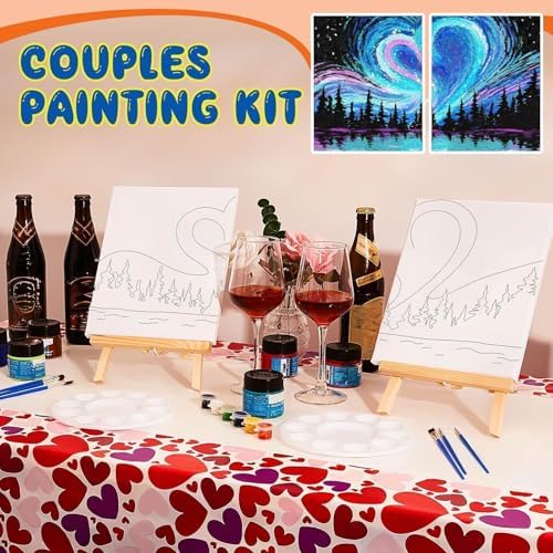 Yeaqee 13 Pcs Sip and Paint Kit for Adults Stretch Canvas Date Night Valentines Painting Kit Supplies Art Painting Set Outline Design Blank Stretch Canvas for Couple Party(Heart,10 x 8 Inch) - Image 5