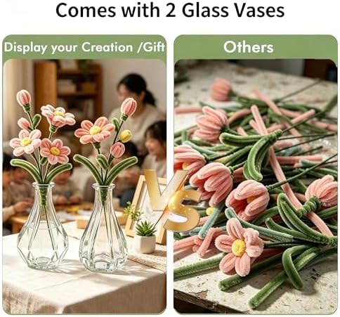Lymoc DIY Flower Bouquet Kit with 2 Glass Vases, 600PCS Pipe Cleaners Craft Kit, 13 Colors Chenille Stems for Flower Making, Handmade Gift Kit for Girls,Teens&Adults, DIY Crafts & Home Decor - Image 3