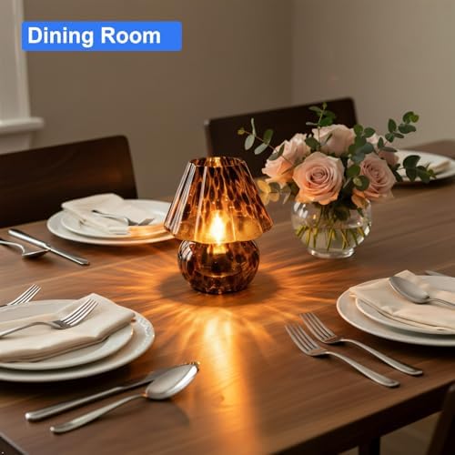 AFORTLO Battery Powered Mushroom Table Lamp with Timmer,Cordless Small Atmosphere Glass Table Lamp,Portable Decovative NightLight for Corner/Entryway/Stairway/Bathroom/Fireplace (Black Flower) - Image 4