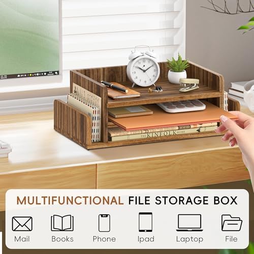 Wooden Desk Organizer, 3-Tier Paper Trays with 2 Mail Sorters, Dark Brown - Image 5