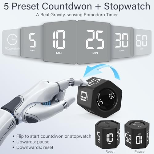 Rotating Productivity Timer 5, 25, 10 30,60 Mins Preset Stopwatch, Desk Flip ProductivityTimer, ADHD Tool Hexagon, Vibration/Mute/Alarm, for Work, Study, Back to School, Kitchen, Black - Image 2