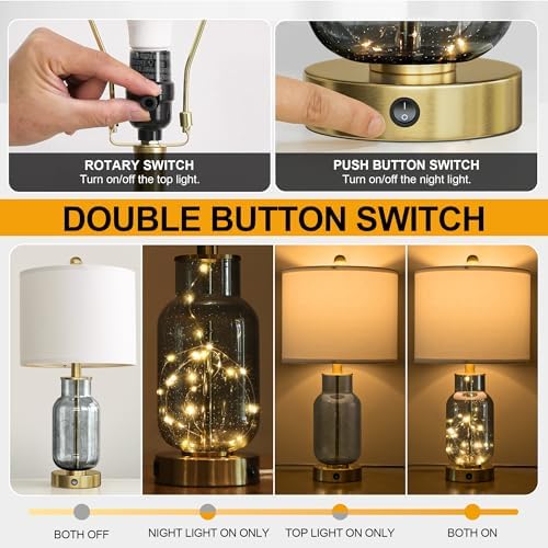 Oneach 22" Glass Table Lamps Set of 2 with LED Nightlight for Bedroom, Gray - Image 4
