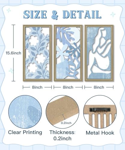 Putuo Decor Boho Floral Wall Art, Minimalist Blue Flower Botanical Wooden Wall Decor with Women Figure Patterns, Modern Aesthetic Print Art for Bedroom Bathroom Living Room Office Set of 3 - Image 2