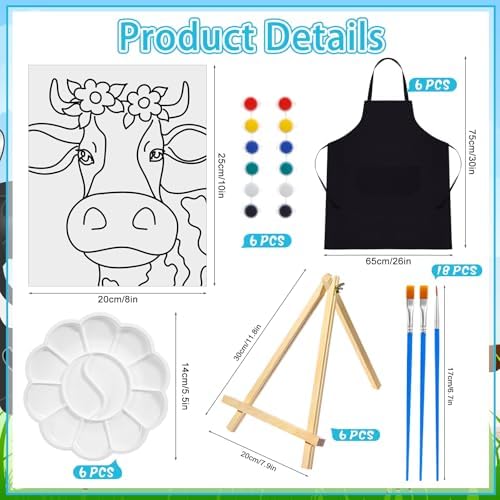 Motipuns 6 Set Pre Drawn Canvas for Painting for Adults Sip and Paint Kit with Easels 8 x 10 Inches Paint Party Kit with Printed Canvas Paints Brushes Palette Apron(Cow) - Image 2