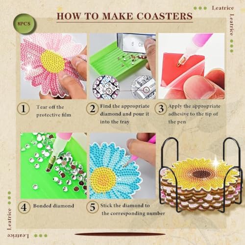 Leatrice 8 PCS Diamond Art Coasters Small Diamond Painting Kits for Adults - Image 3