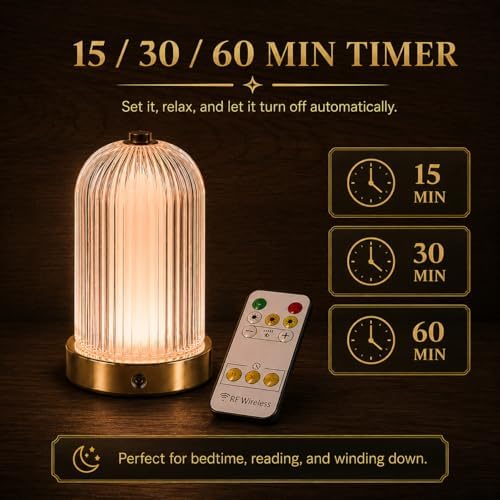 Cordless Table Lamp for Bedroom with Remote, 3 Light Modes & 9 Brightness Levels, 15/30/60 Min Timer Bedside Night Lamp, Ribbed Texture Accent Lamp for Bedroom, Living Room, Desk - Image 5